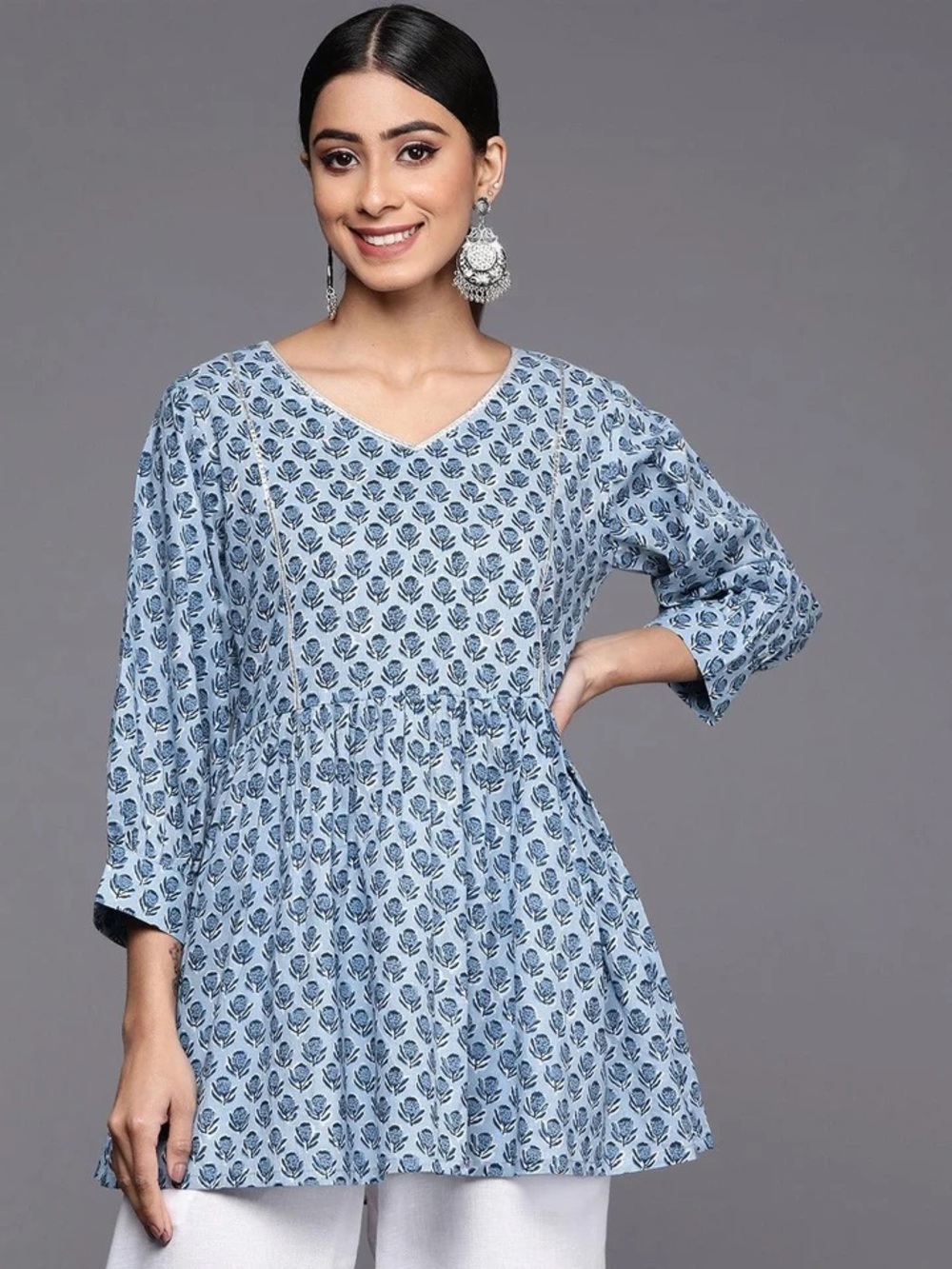 Libas Blue Floran Hand Block Print Babydoll Cotton A-Line Top Size XL